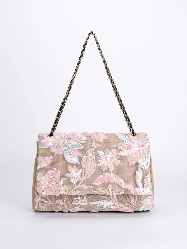 10 Pieces Women's Large Hemp Material Flower Elegant Sequins Square Flip Cover Crossbody Bag