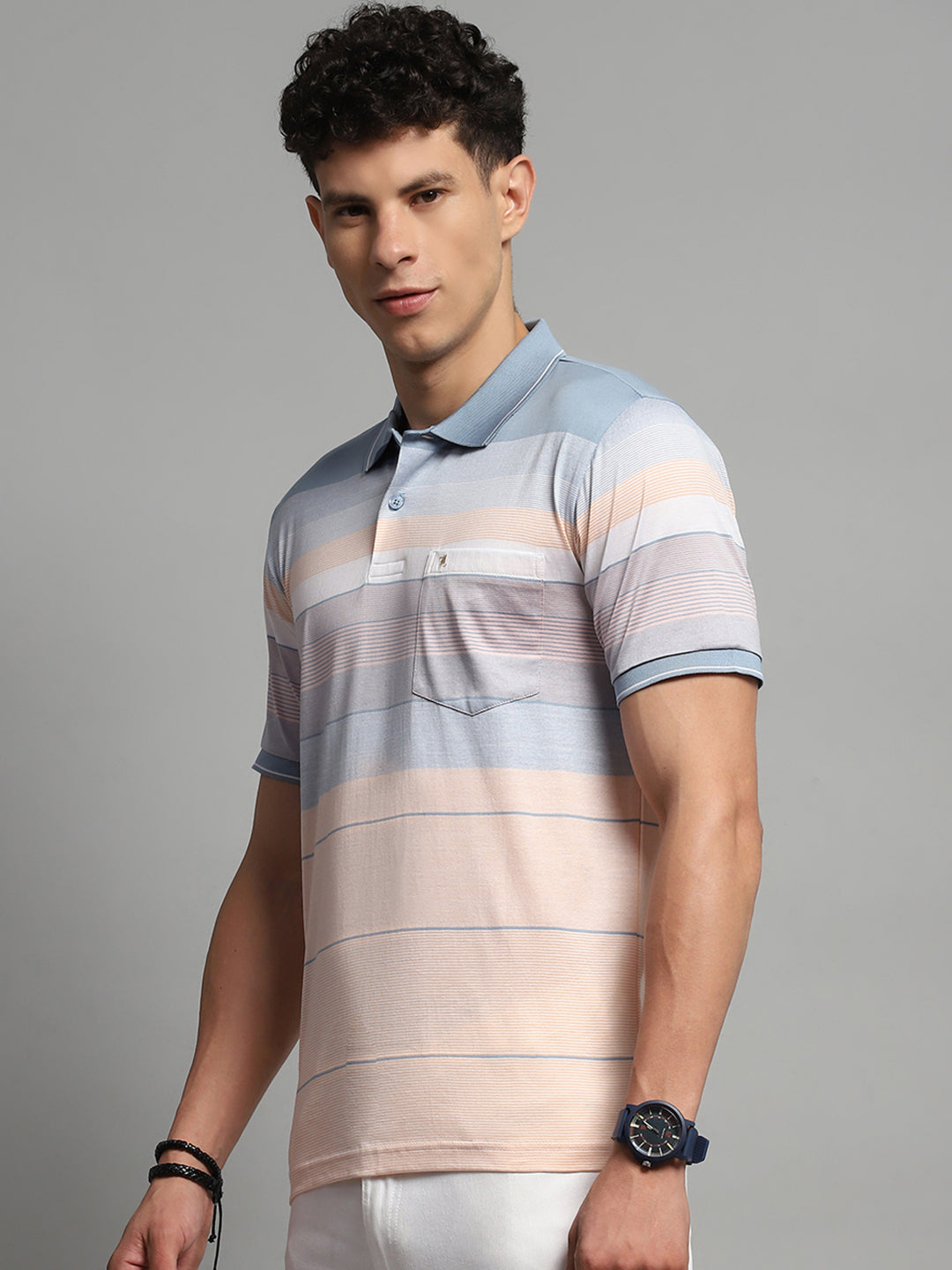 Men Blue Stripe Collar Half Sleeve T-Shirt