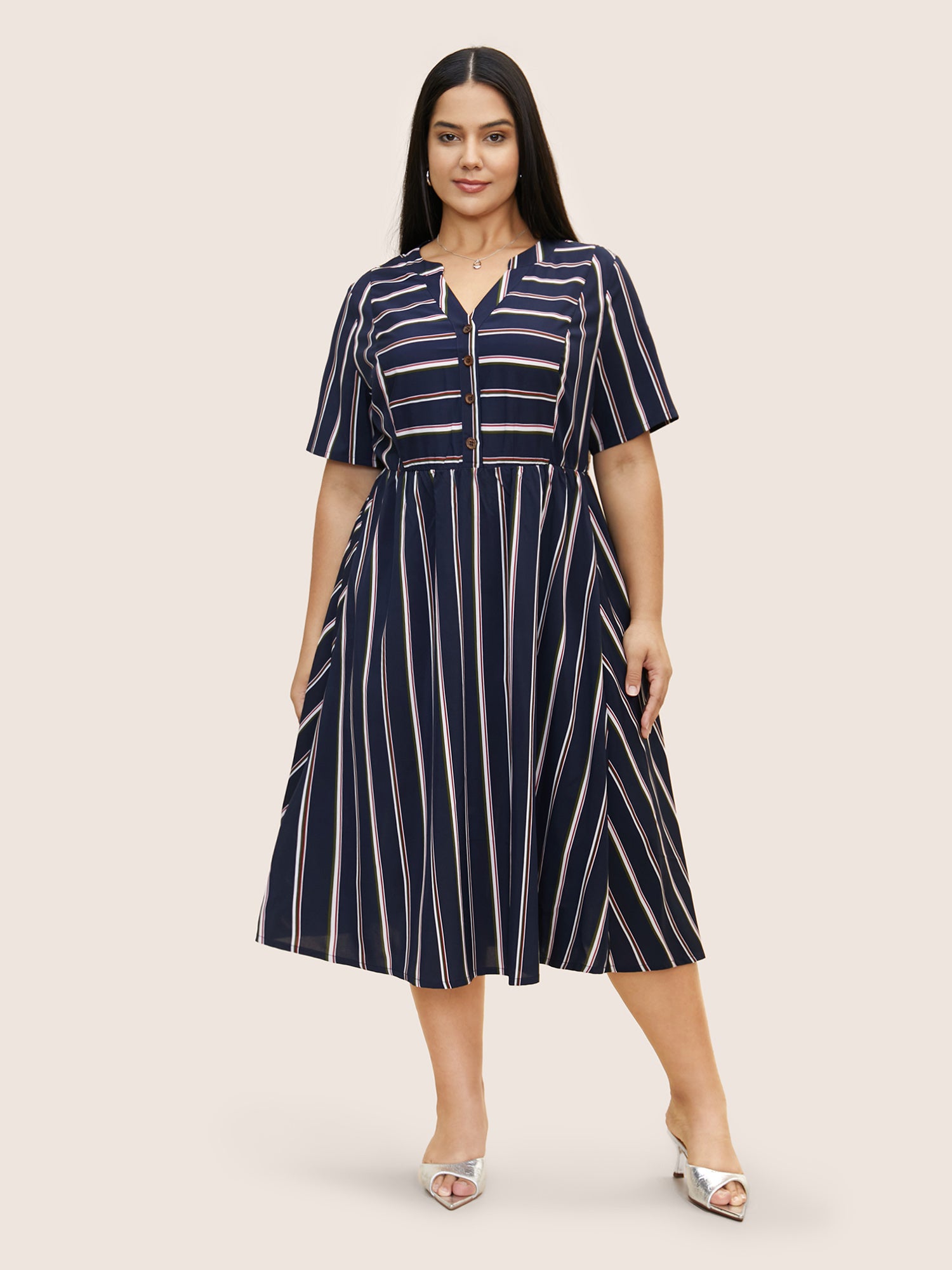 Notched Collar Striped Elastic Waist Midi Dress