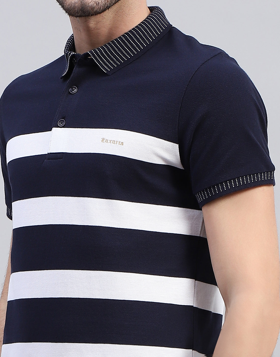 Men Navy Blue Stripe Polo Collar Half Sleeve T-Shirt