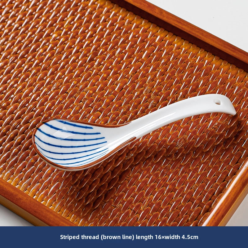 Small Soup Spoon Creative Blue And White Ceramic Spoon Household Thickened Curved Handle Anti-scalding Food Soup Spoon