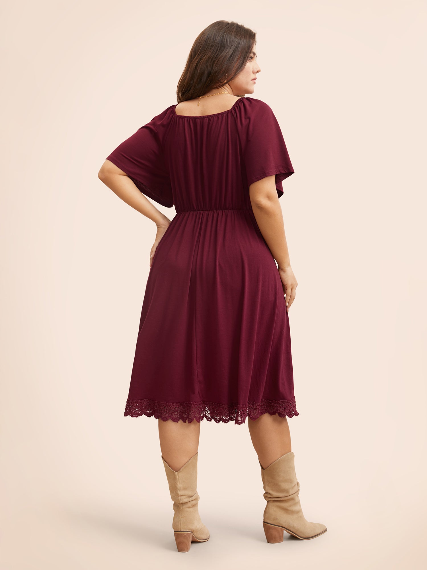 Plain Lace Insert Gathered Square Neck Dress