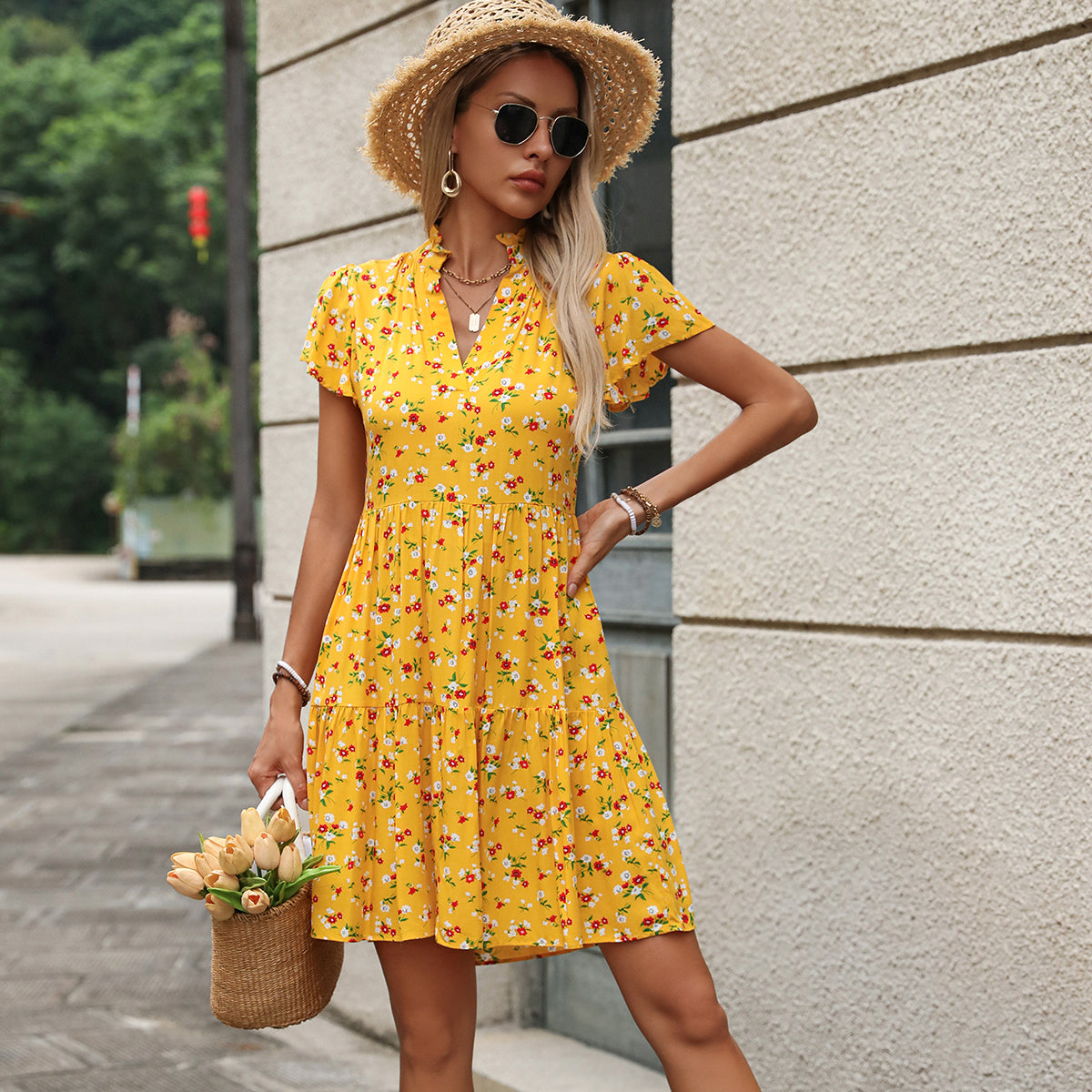 Fashion Floral Print V Neck Cute Mini Dress
