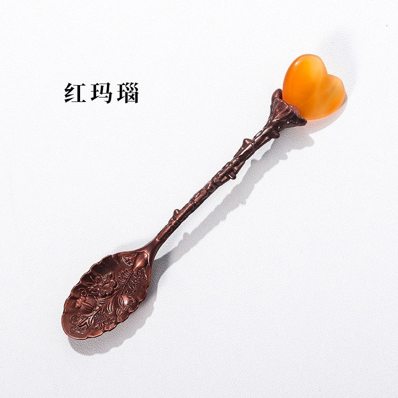 Natural Amethyst Flower Decor Copper Creative Long Handle Spoon