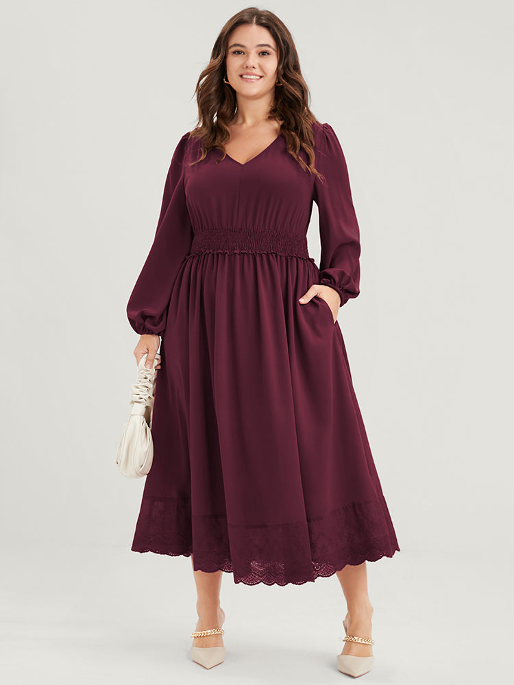 Solid Pocket Lantern Sleeve Patchwork Ruffled Shirred Dress
