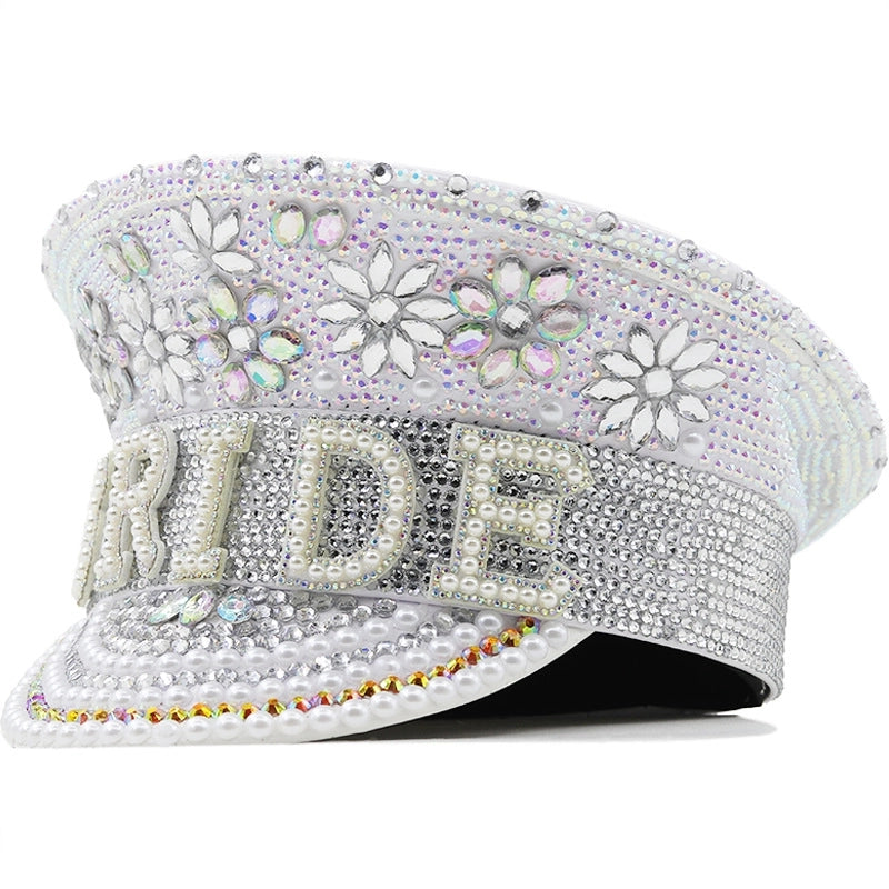 Women's Fashion Letter Rhinestone Curved Eaves Military Hat