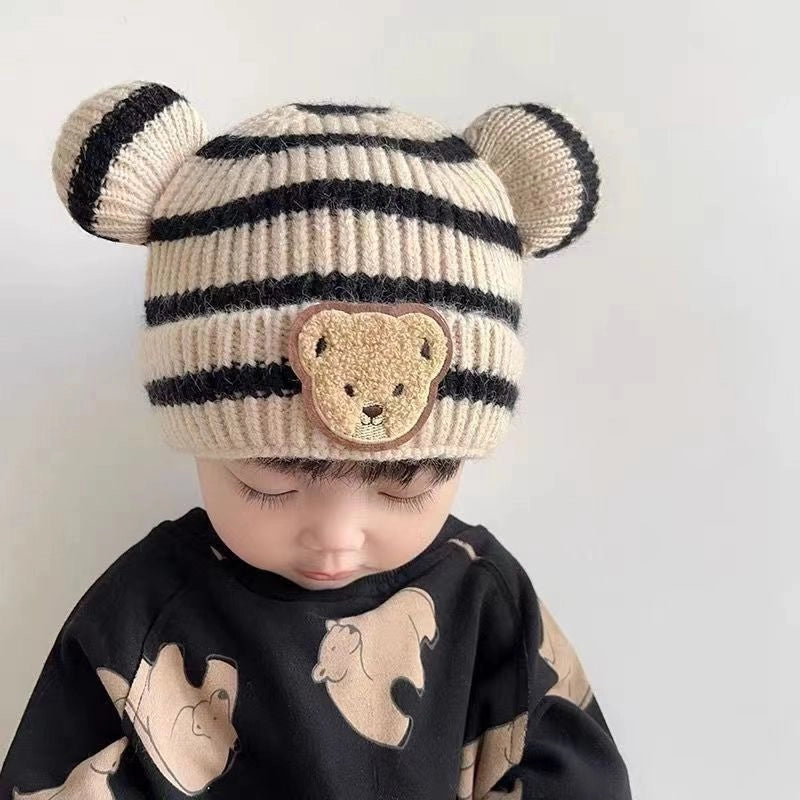 Baby Hat Autumn And Winter Korean Style Baby Hat Striped Cute Bear Hat Wool Hat Boys And Girls Hat