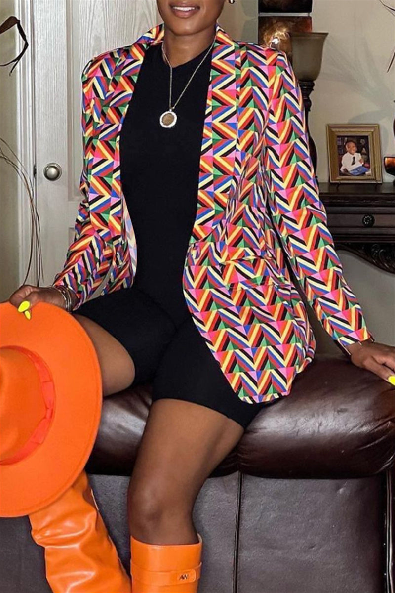 Fashion Casual Print Patchwork Cardigan Turn-back Collar Outerwear