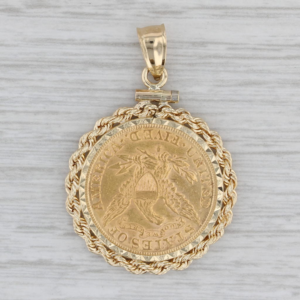 Authentic 1886 5 Dollar Liberty Coin Pendant 14k Bezel 900 Coin Yellow Gold