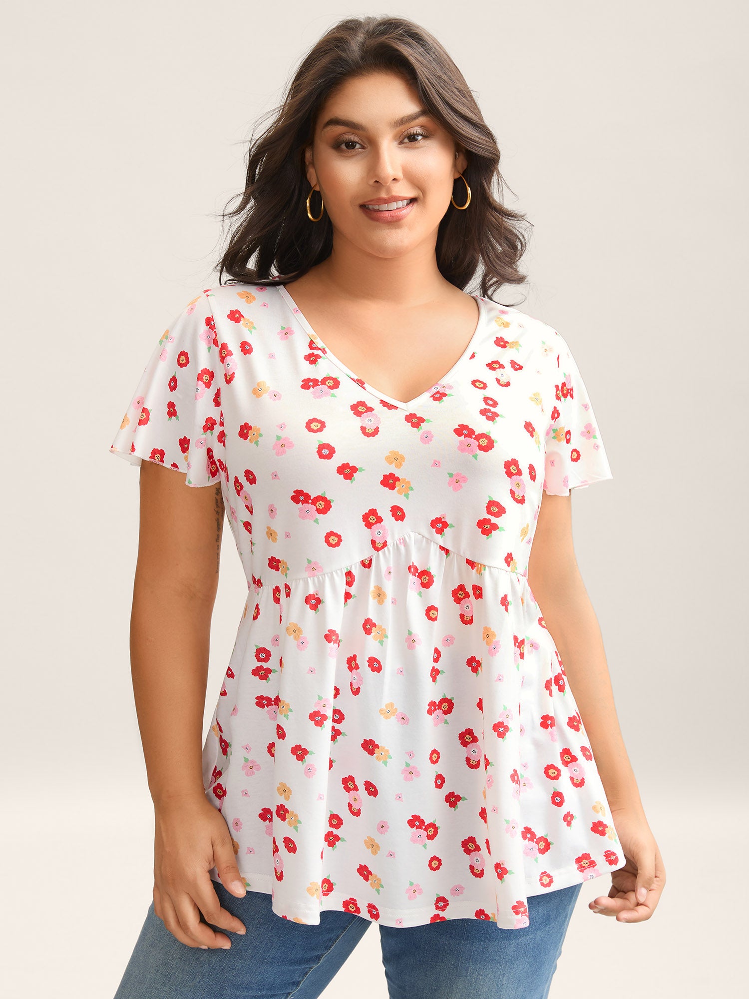 Ditsy Floral Print Sheer Babydoll Top