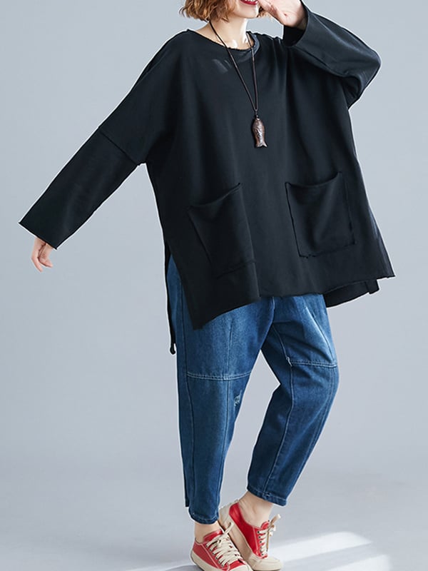 High-Low Long Sleeves Pockets Solid Color Split-Joint Split-Side Round-Neck Sweatshirt Tops