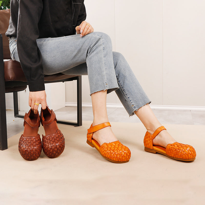 Handwoven Leather Closed Toe Flat Sandals Round Big Toe Mary Jane Shoes with Velcro Strap in Brown/Caramel