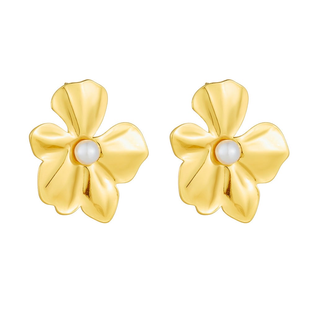 French Retro Golden Flower Earrings Niche Stainless Steel Earrings Exaggerated Earrings