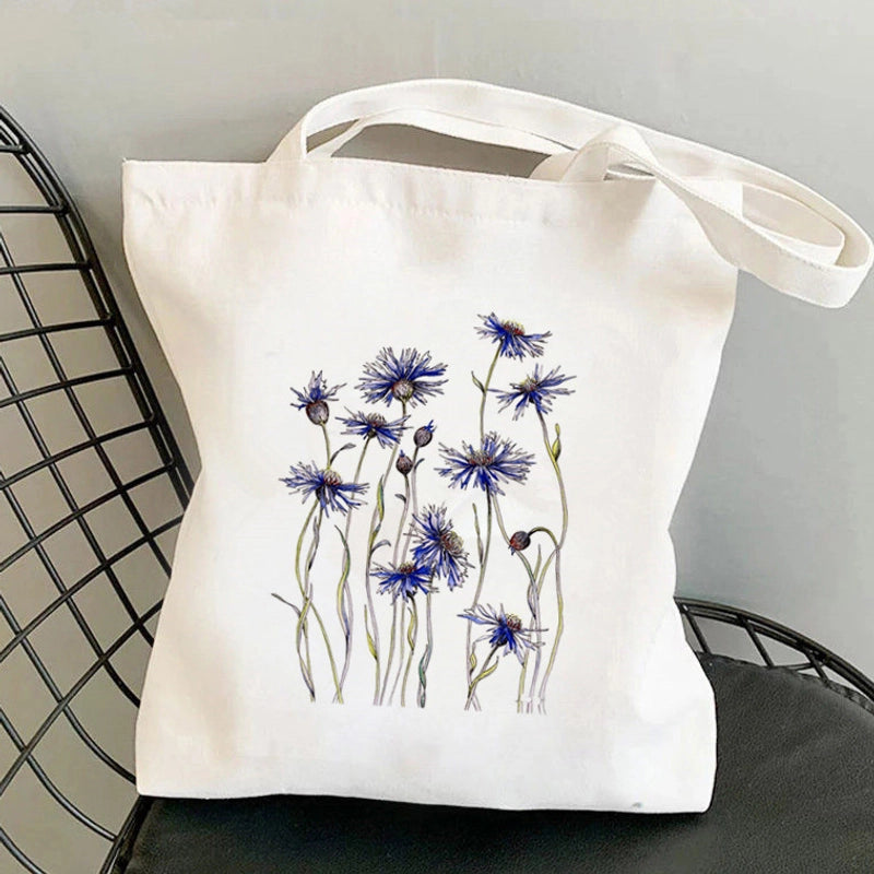 Women's Medium Canvas Flower Basic Classic Style Square Open Canvas Bag