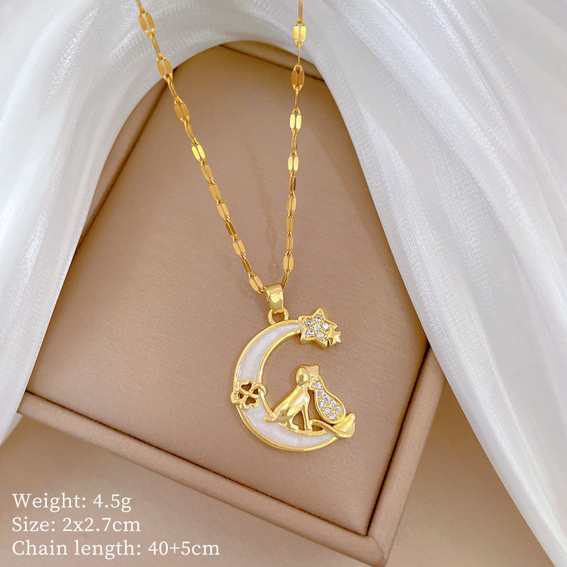 Cartoon East Asia Symbol Lucky Cat Geometric Titanium Steel Diamond Inlay Necklaces