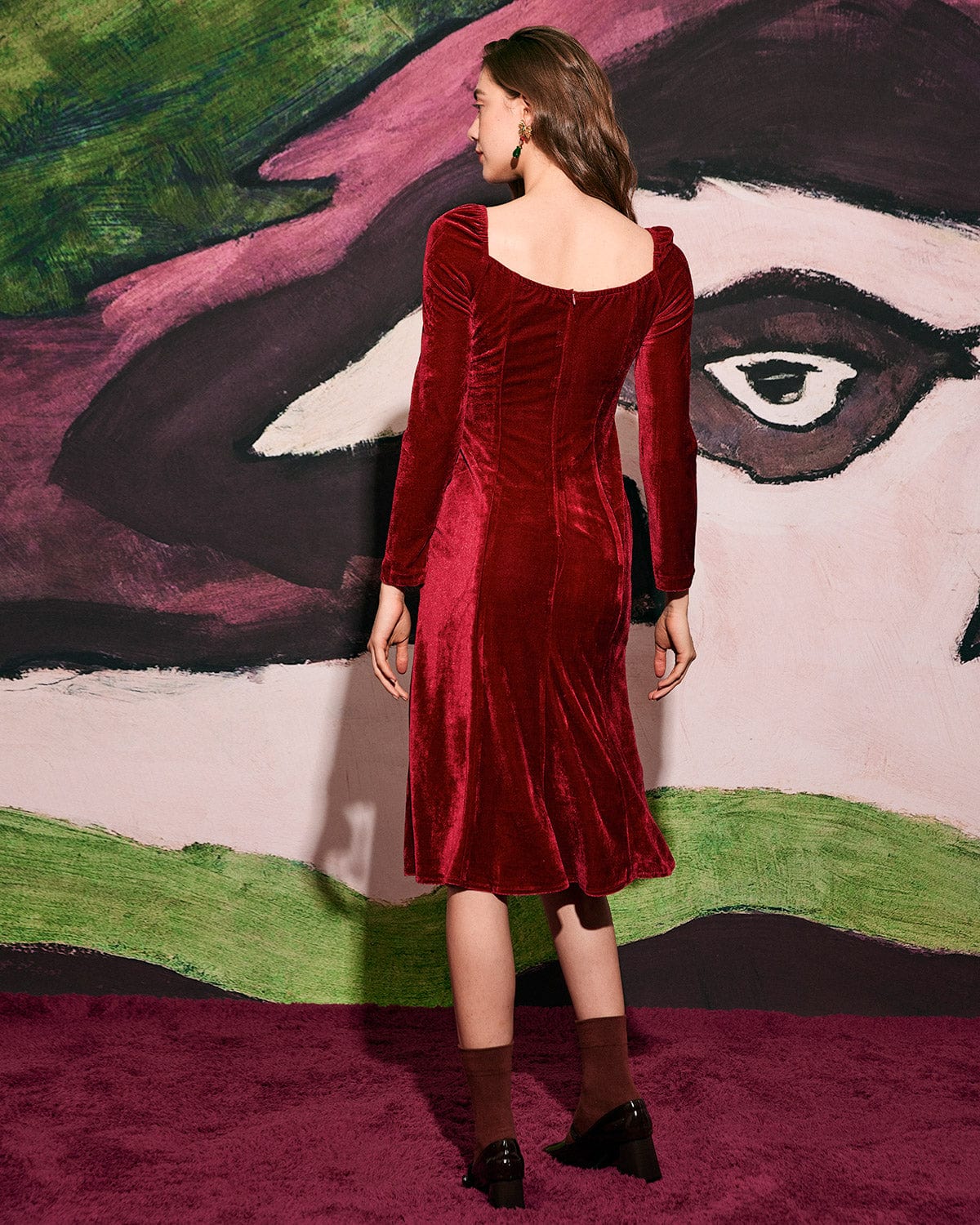 The Red Puff Sleeve Long Sleeve Velvet Dress