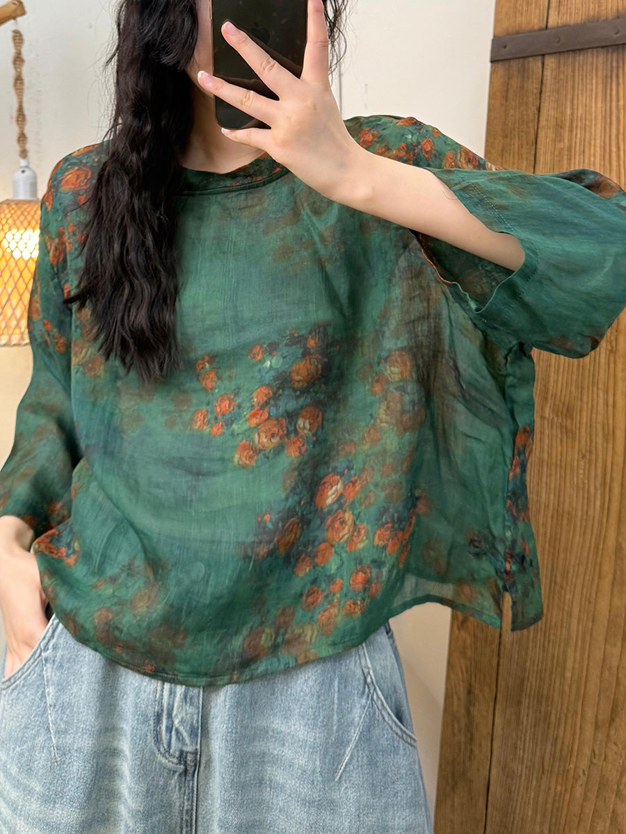 Women Summer Retro Flower Stand Collar Ramie Shirt