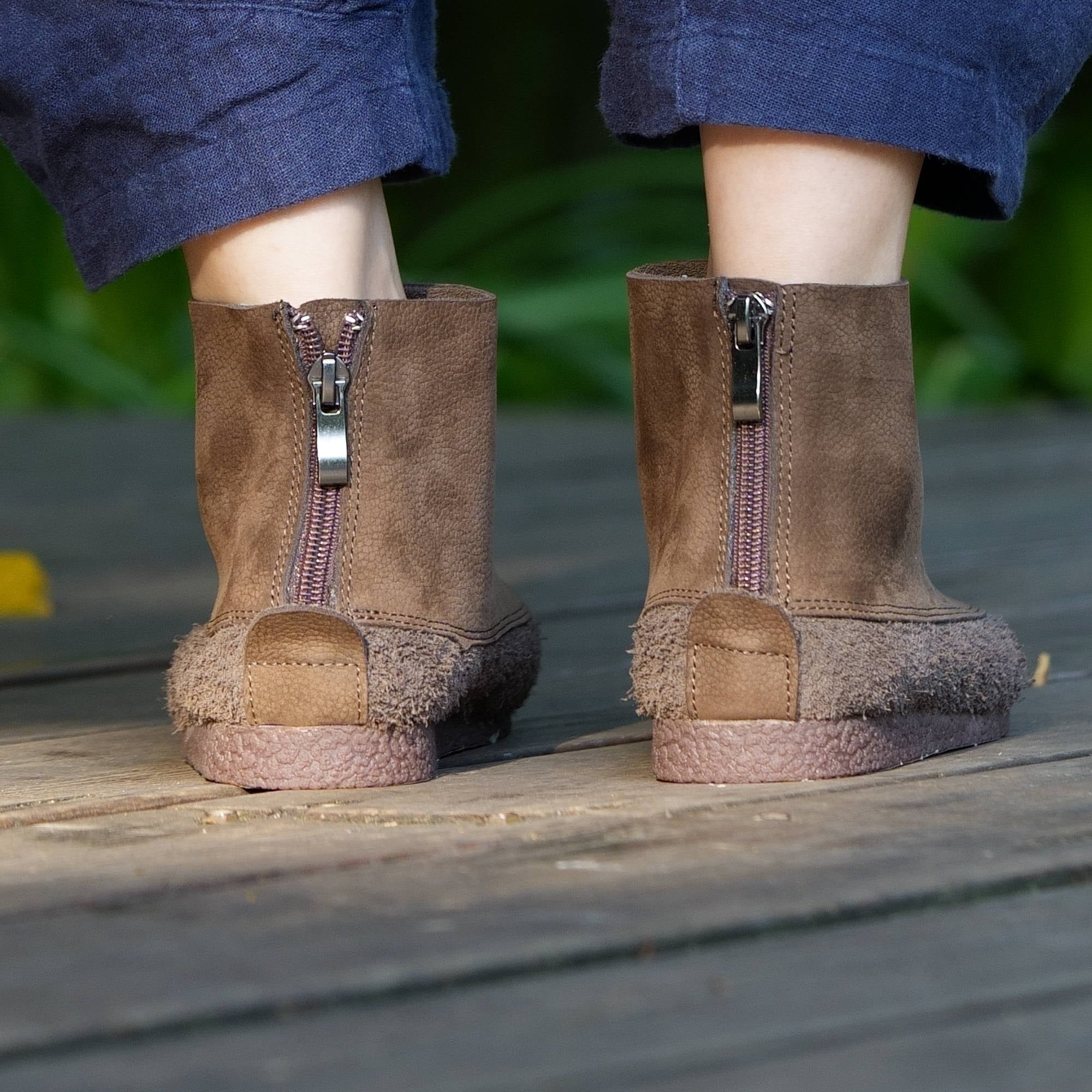 Retro Handmade Soft Leather Barefoot Ankle Boots For Women Round Toe In Coffee/Grey