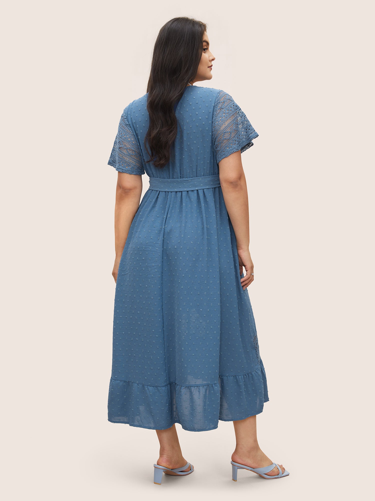 Solid Wrap Pocket Belted Contrast Lace Ruffle Trim Maxi Dress