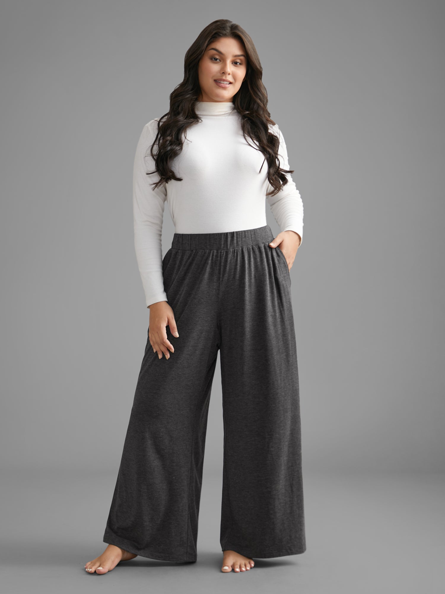 Solid Elastic Waist Wide Leg Lounge Bottoms