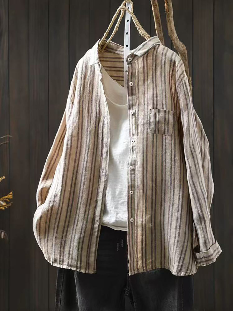Women Summer Stripe Turn-down Collar 100%Linen Shirt