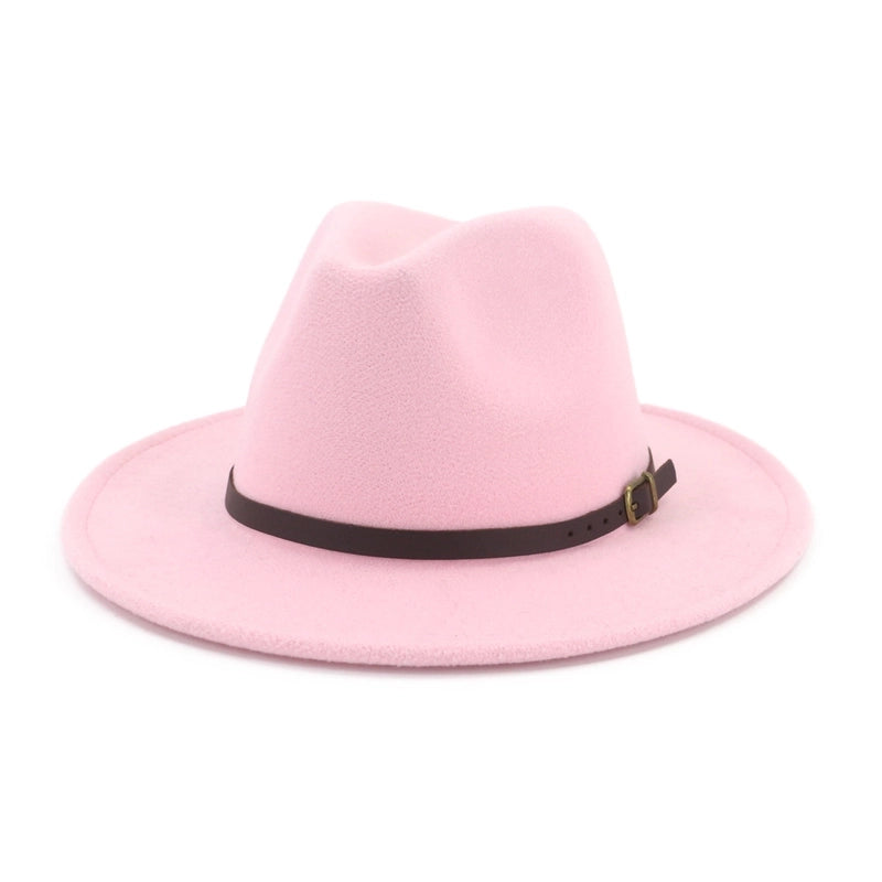 New Women's Woolen Brown Belt Buckle Top Hat Men And Women Couple Hat Flat Brim Big Brim Jazz Hat