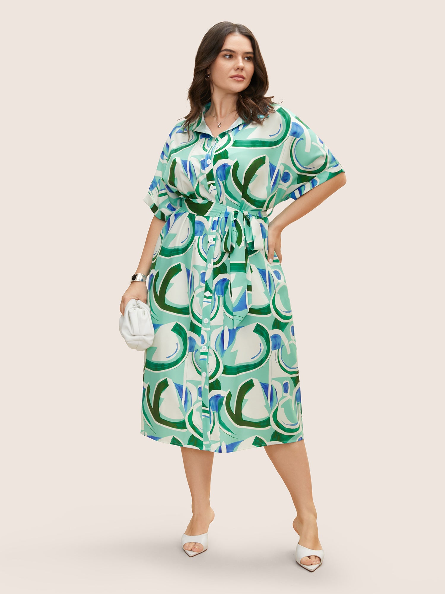 Geometric Elastic Waist Drop Shoulder Sleeve Midi Dress