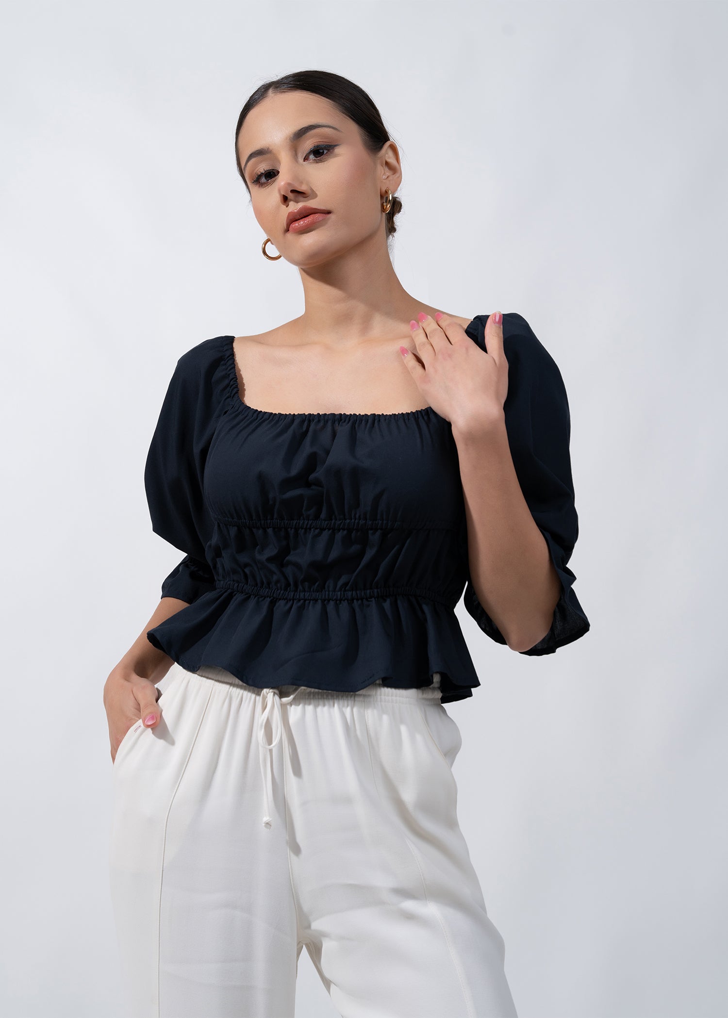 Ruching Detailed Crop Top With Wide Neck Line