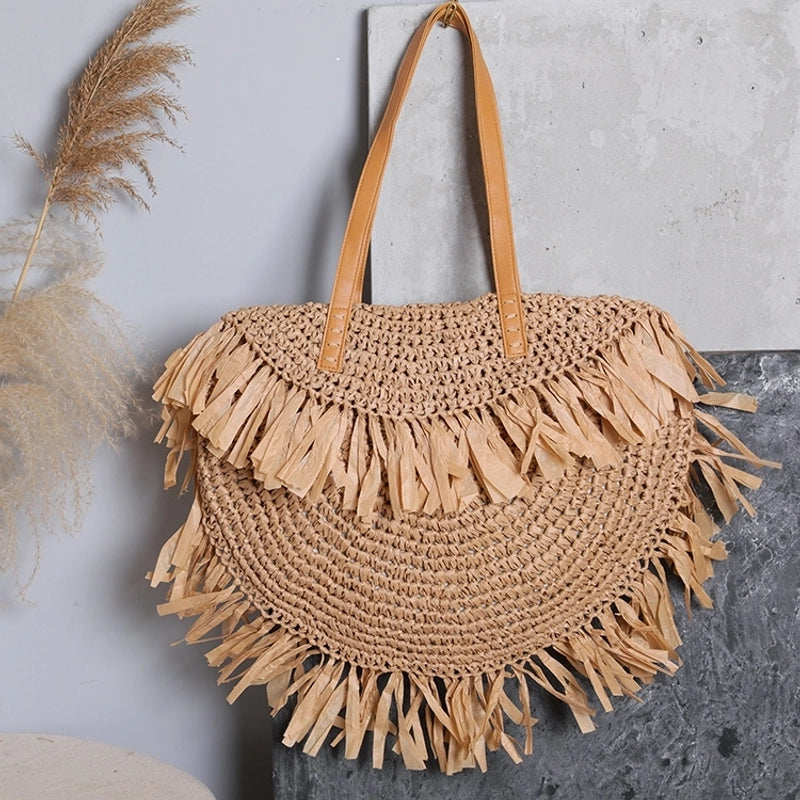Women's Large Straw Solid Color Vacation Beach Weave Semicircle Zipper Straw Bag