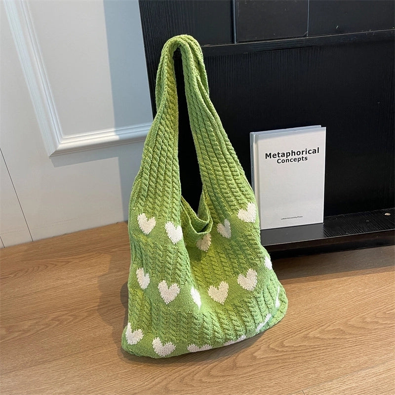 Women's Medium Knit Heart Shape Basic Classic Style Bucket Open Shoulder Bag
