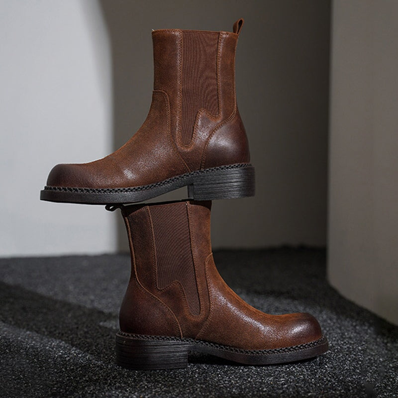 Leather Ankle Boots Comfortable Walking Round Chelsea Boots in Brown/Coffee