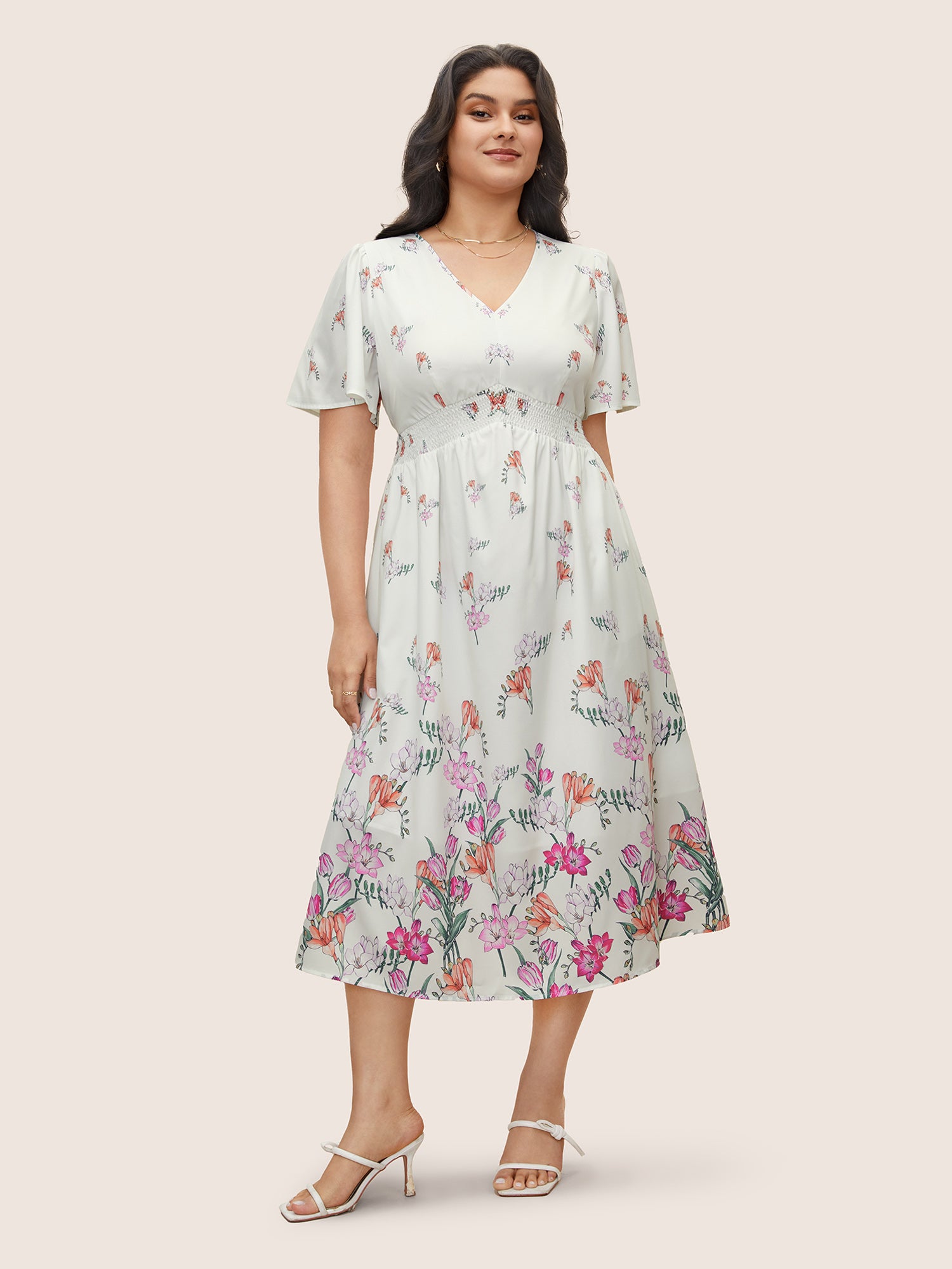 Floral Print Shirred Pocket Ruffle Sleeve Dress