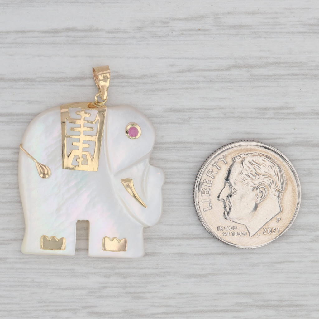 Mother of Pearl Elephant Pendant 14k Yellow Gold Chinese Calligraphy Good Luck