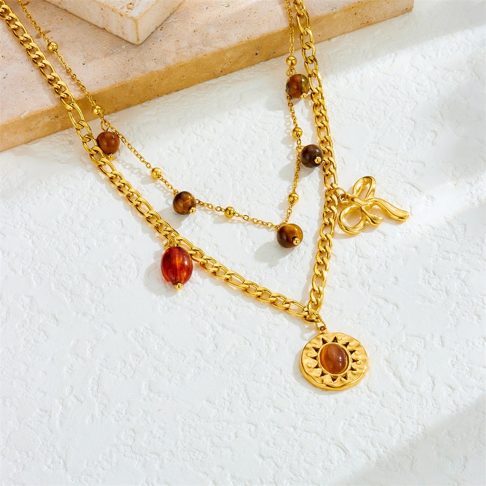 Retro Round Tiger Eye Stone Sun Pendant Necklace Bow Accessories Stainless Steel Double Layer Clavicle Chain