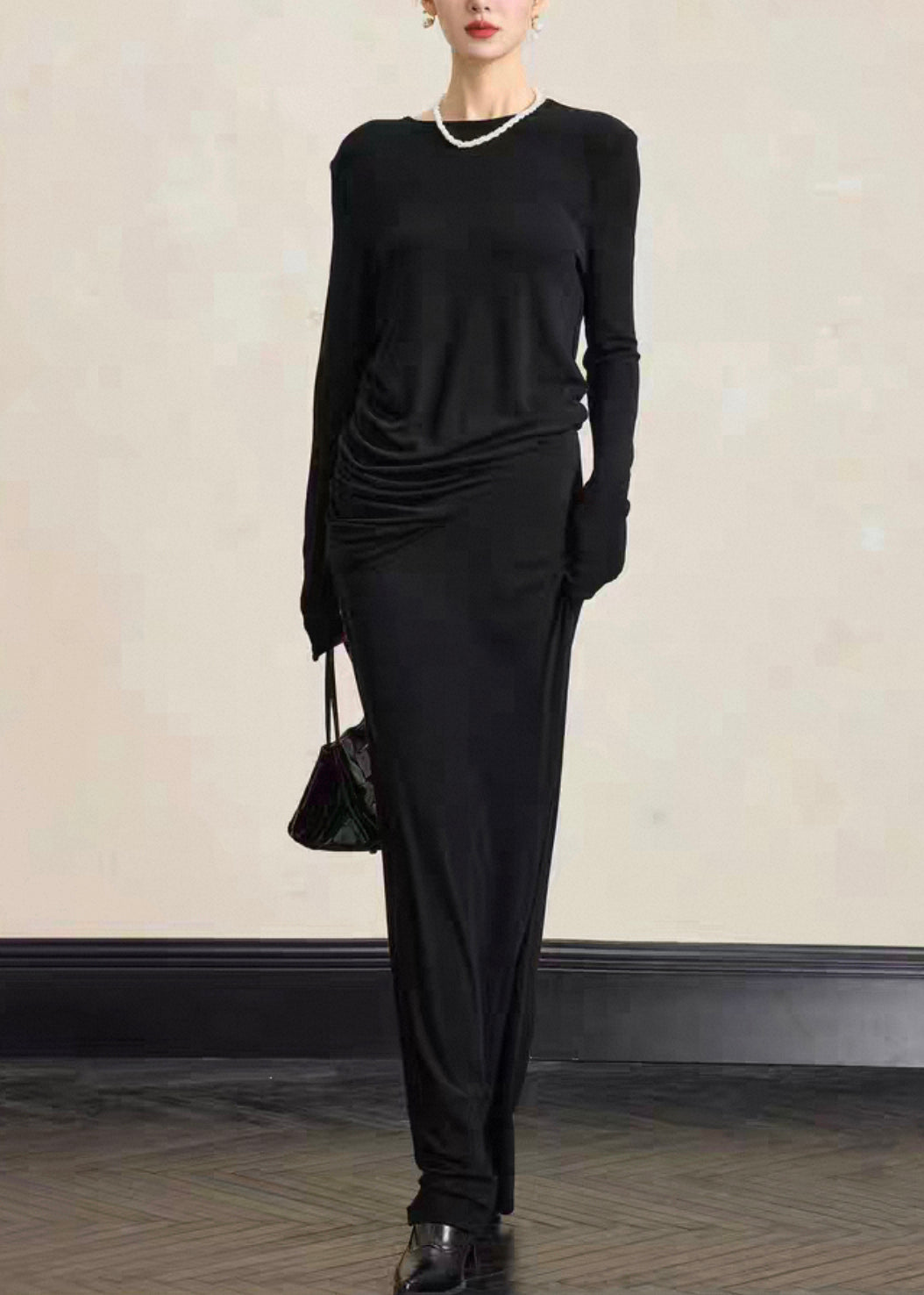 Simple Black O Neck Tops And Skirts Solid Cotton Two Pieces Set Fall