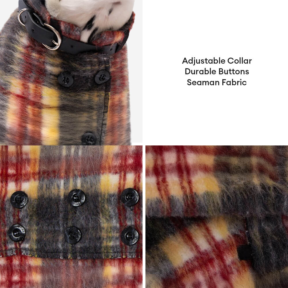 Vintage Plaid Wool With Refined Leather Collar & Button Dog Cape