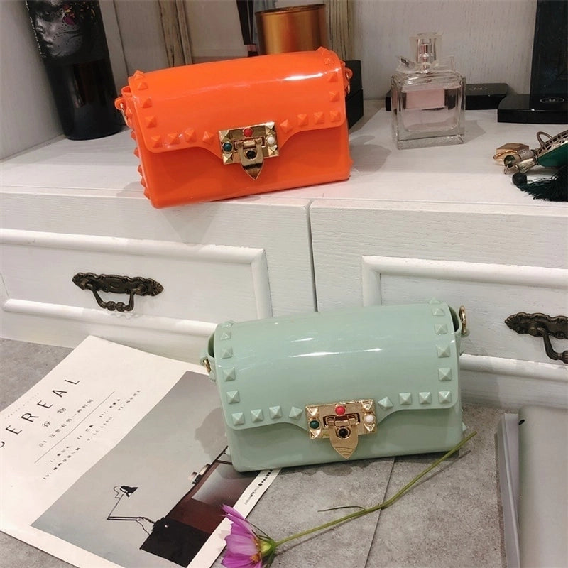 Women's Pvc Solid Color Fashion Square Lock Clasp Shoulder Bag Crossbody Bag Jelly Bag