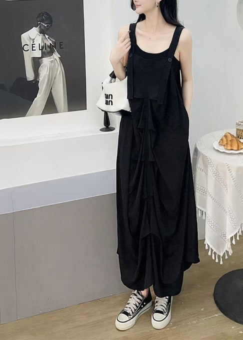 Women Black Wrinkled Cotton Cami Dresses Summer