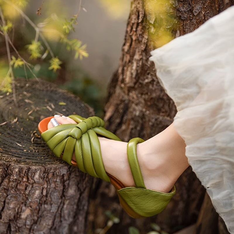 Handmade Leather Woven Peep Toe Roman Sandals with Velcro Strap in Green/Apricot