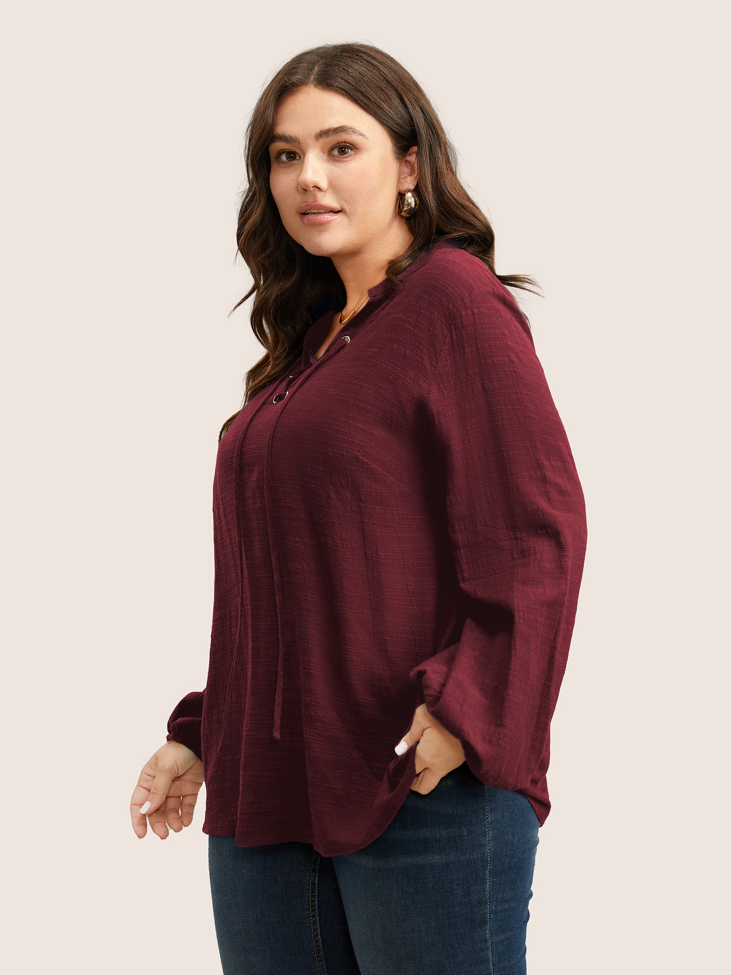 Plain Lace Up Lantern Sleeve Blouse