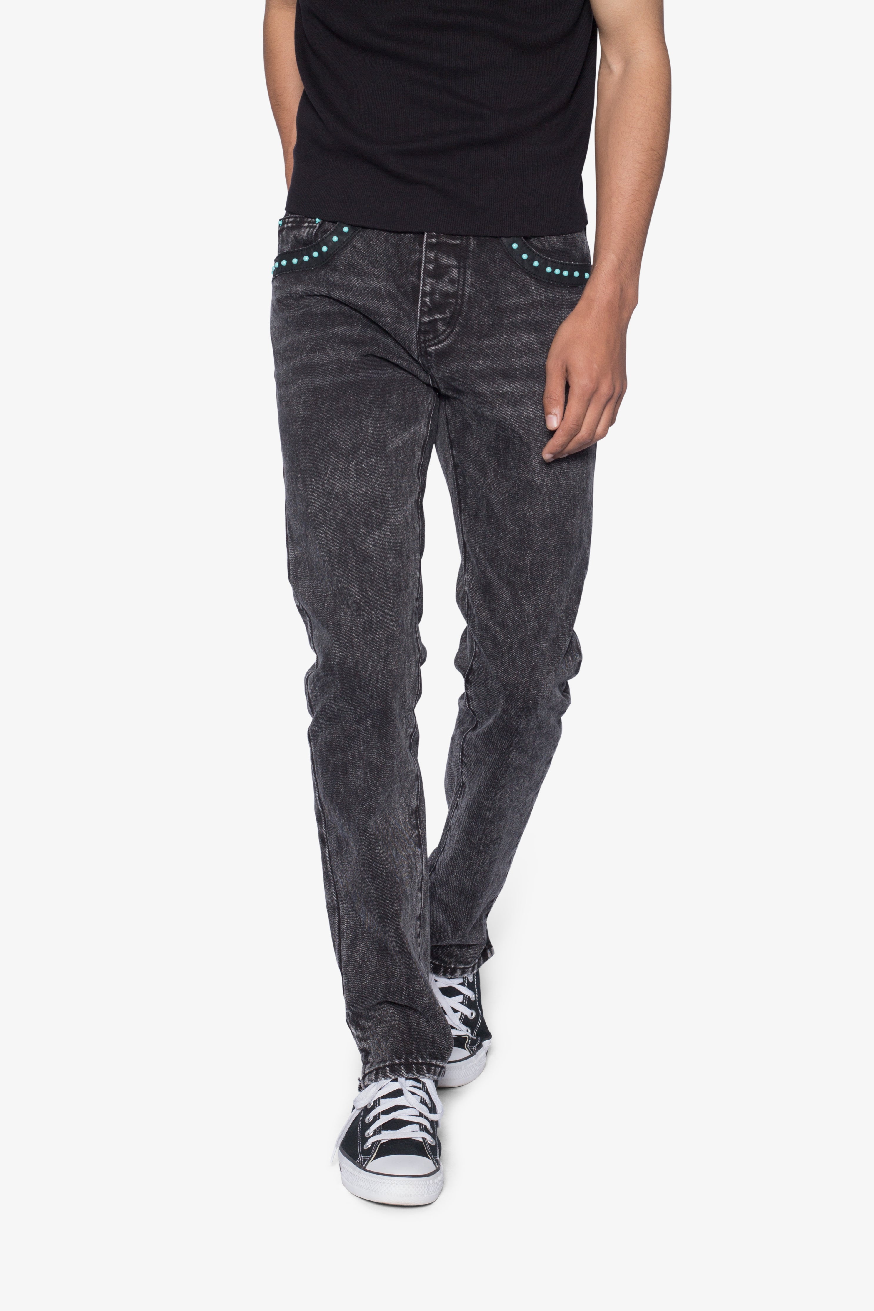 D701 Studded Turquoise Denim - Black