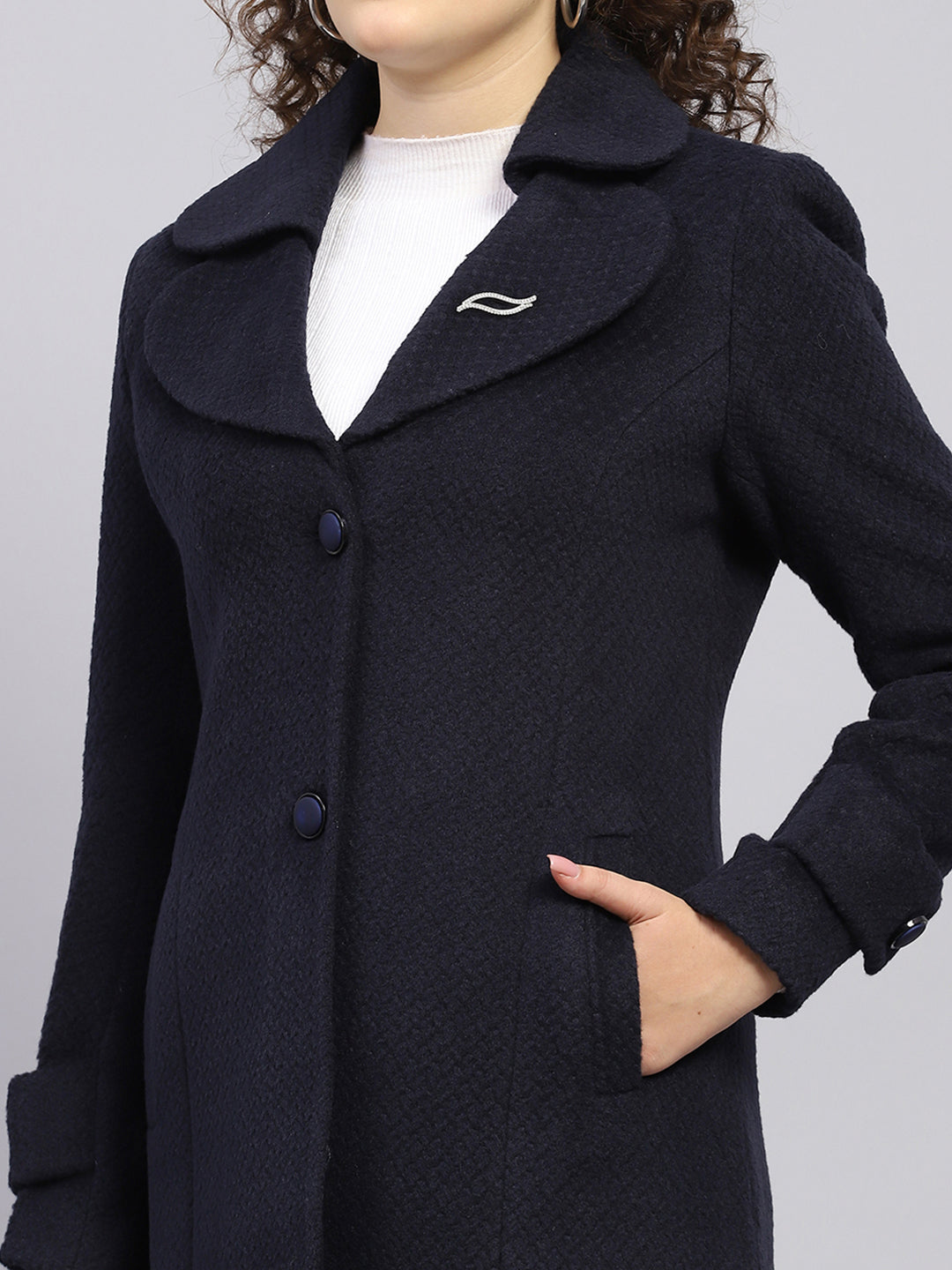 Women Navy Blue Self Design Notch lapel Collar Full Sleeve Coat