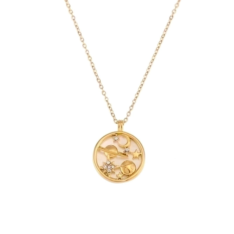 Fashion Round Star Moon Stainless Steel Inlay Rhinestones 18k Gold Plated Pendant Necklace