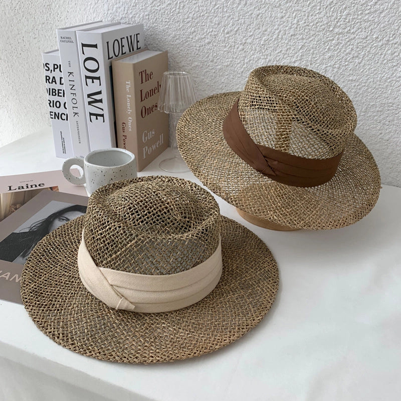 New Style Beach Travel And Vacation Straw Hat Concave Shape Travel Hat Handmade Seaweed Sun Hat For Men And Women