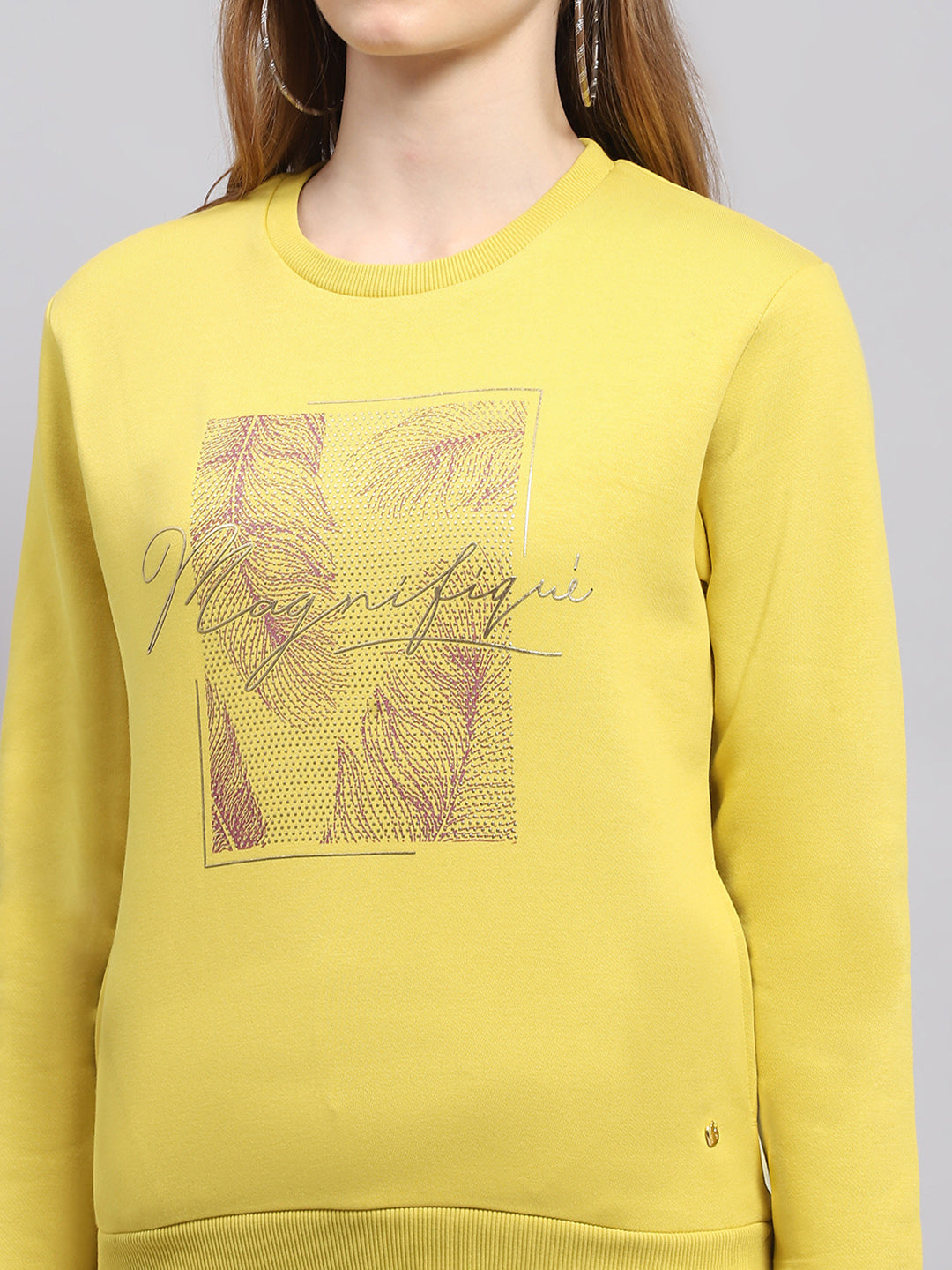 Women Yellow Printed Round Neck Full Sleeve Sweatshirt