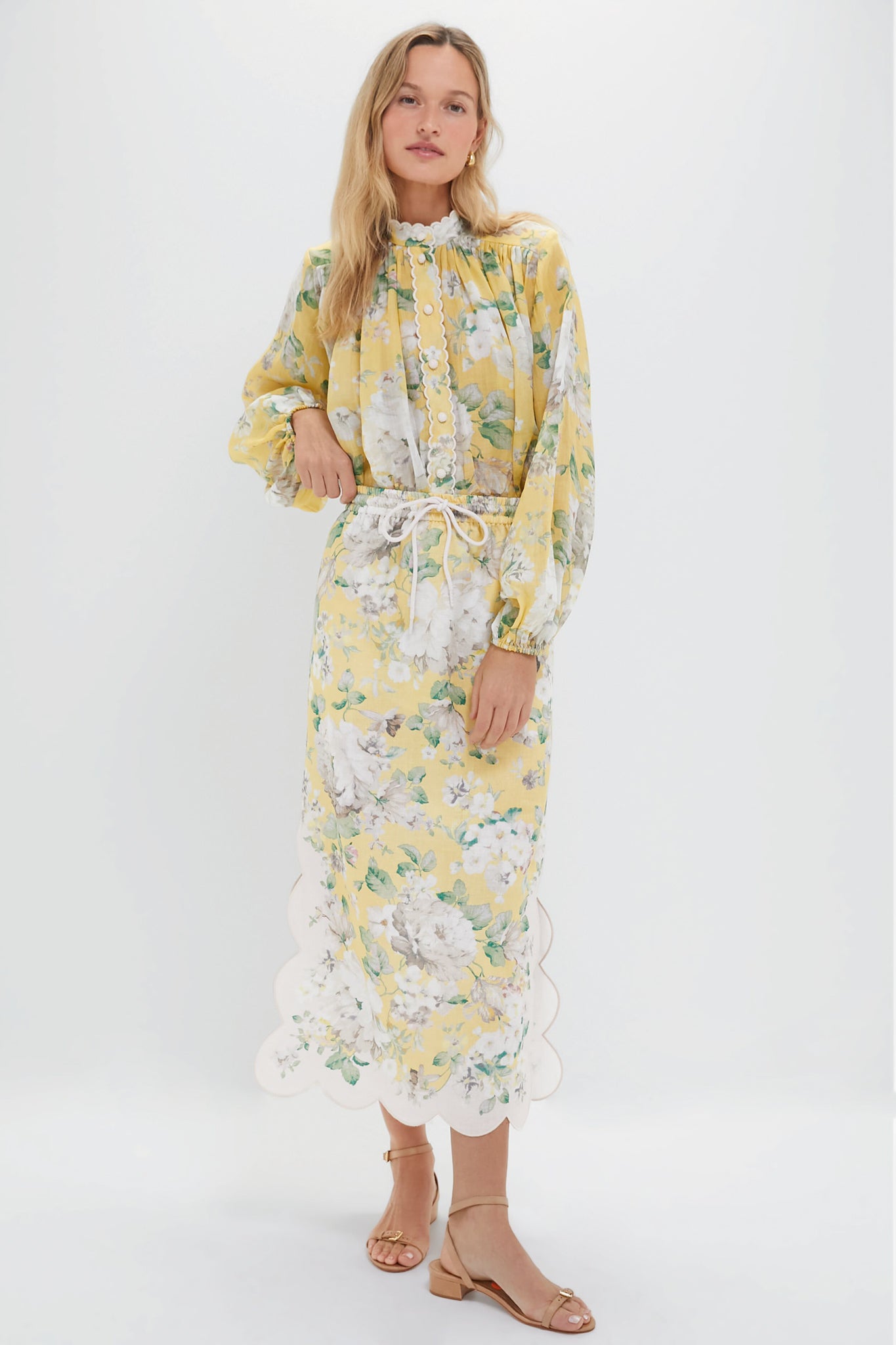 Yellow Floral Acacia Scallop Midi Skirt