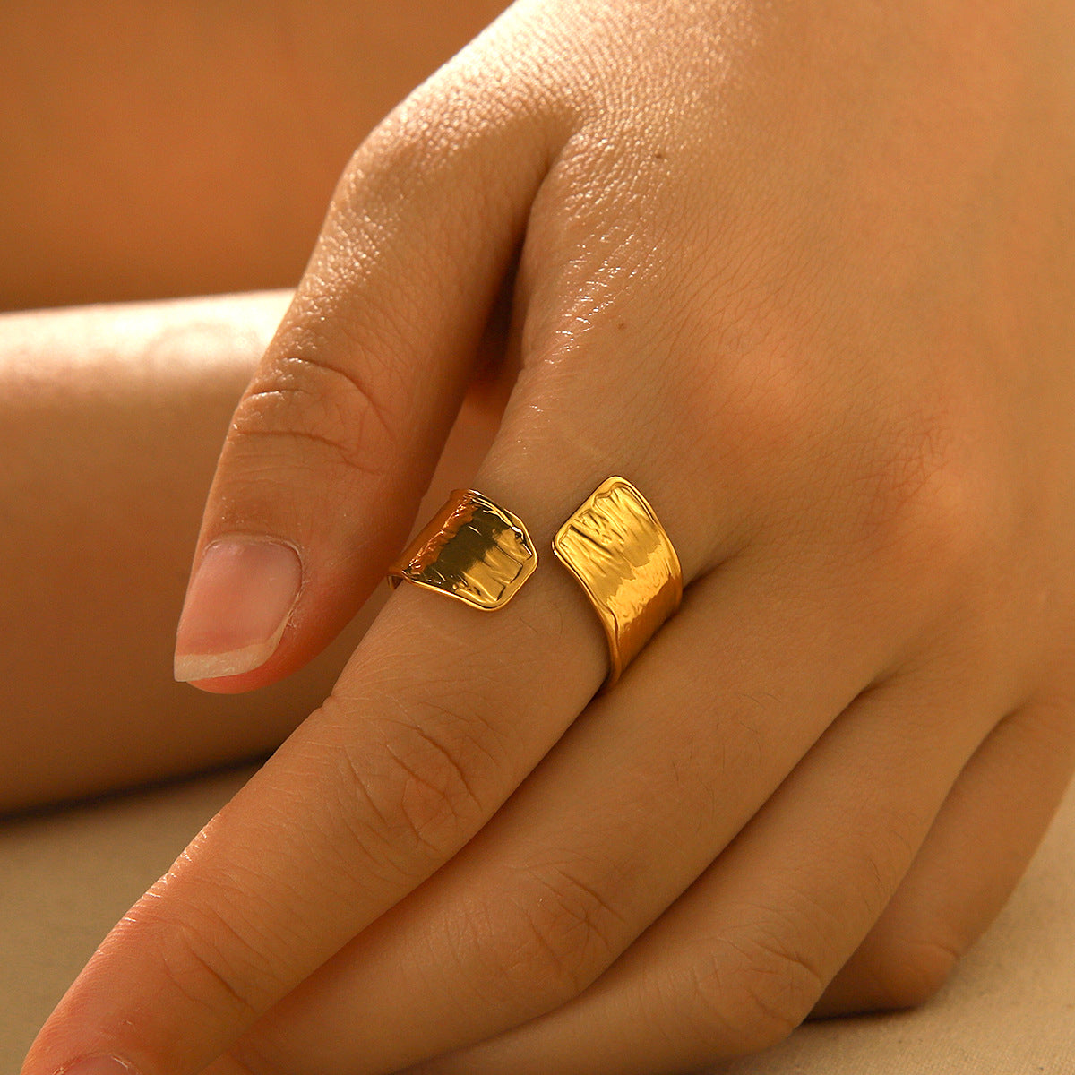 Phoenix Tide Ins18K Gold-Plated Ring Texture Stainless Steel Open Ring Female Titanium Steel Jewelry