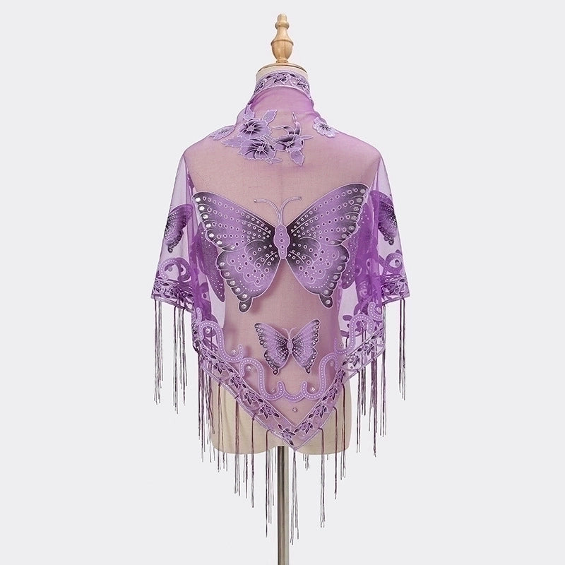 New Tassel Triangle Scarf Solid Color Hollow Lace Butterfly Embroidered Triangle Shawl Scarf For Women
