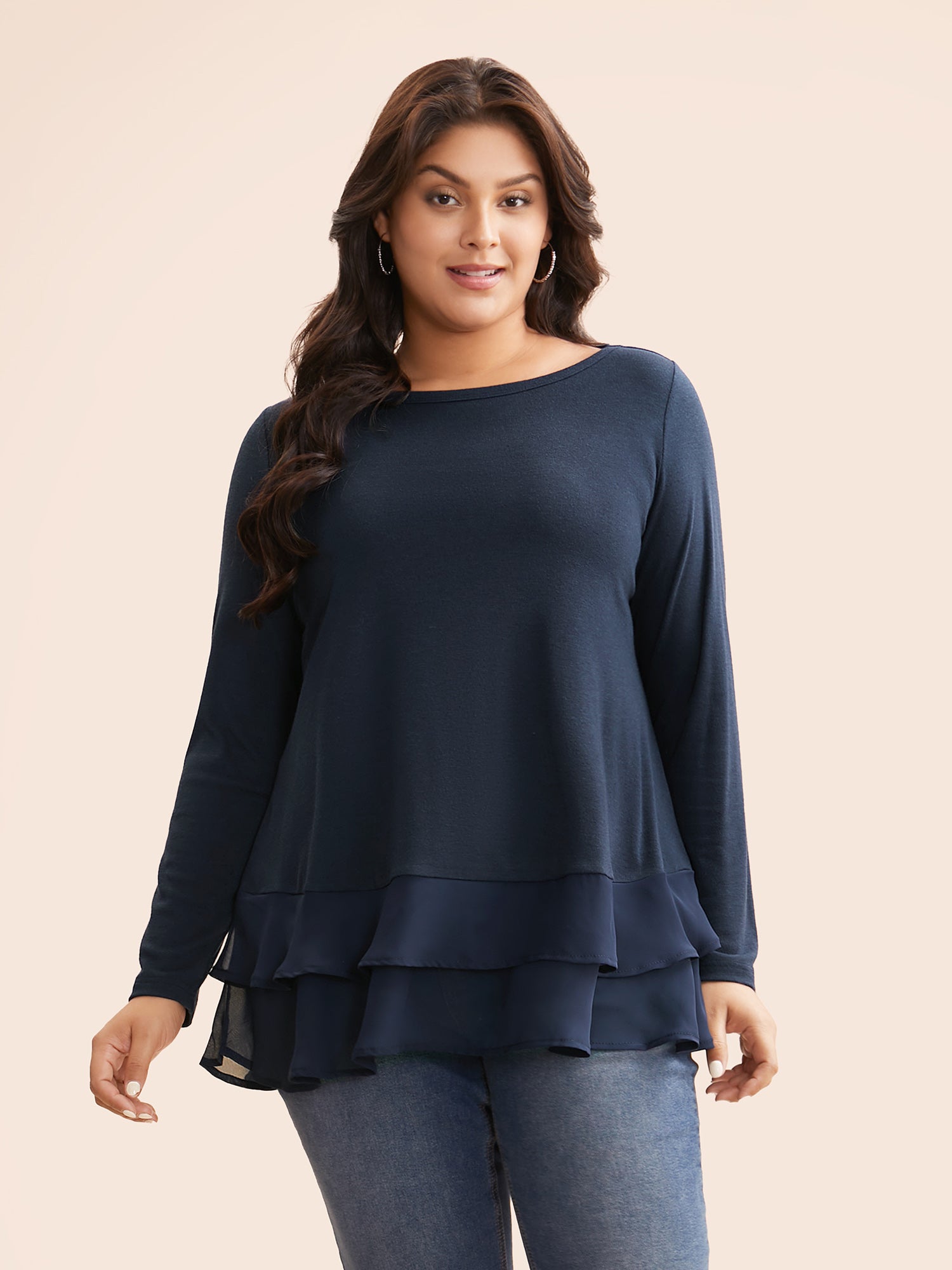 Boat Neck Patchwork Mesh Ruffles Top