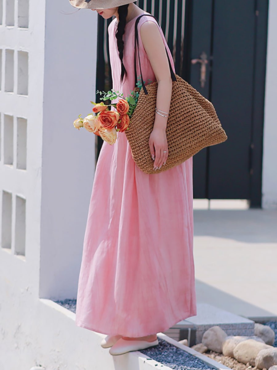 Women Summer Casual Pure Color O-Neck Linen Vest Dress